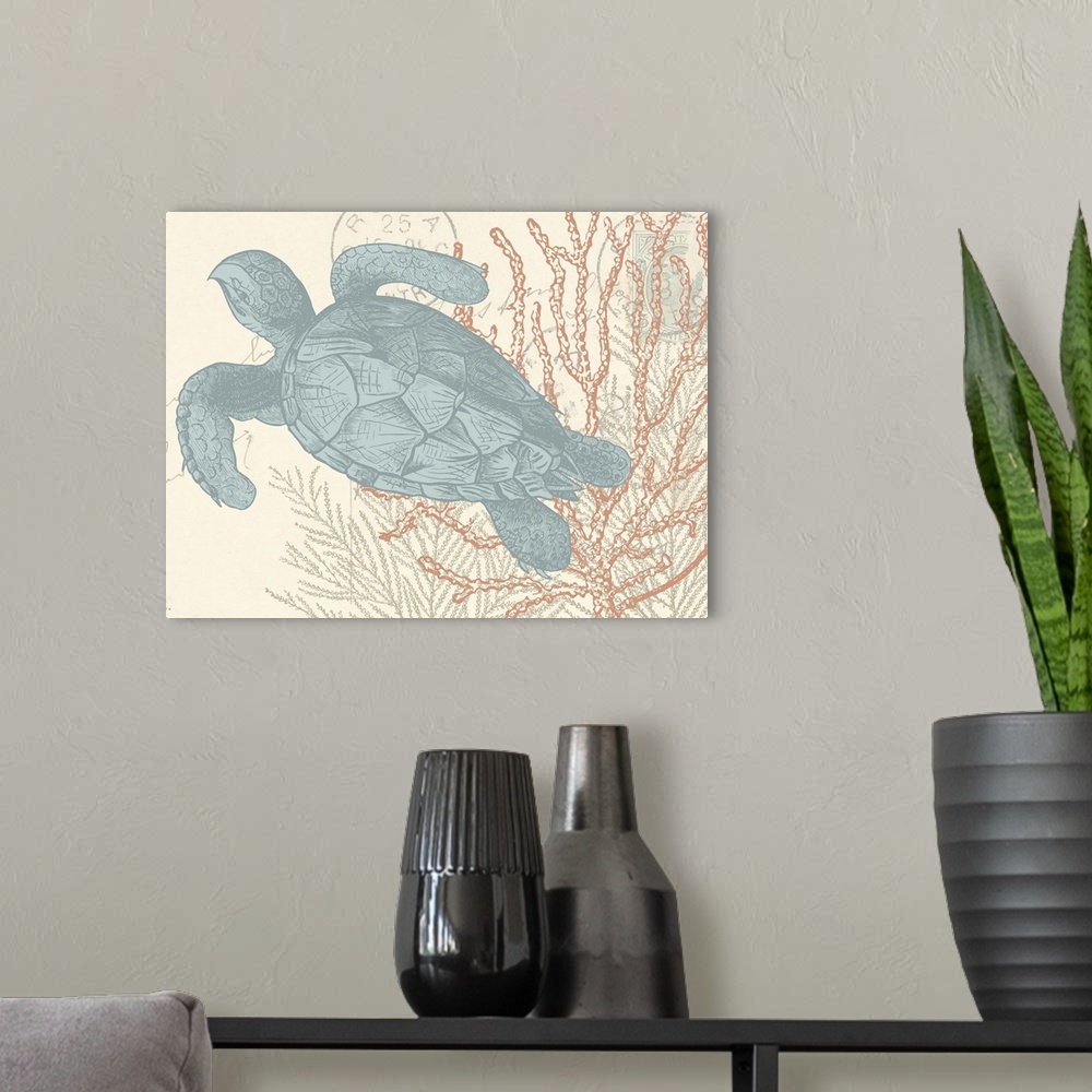 A modern room featuring Beach themed illustration of a blue sea turtle and coral on a cream colored postcard with handwri...