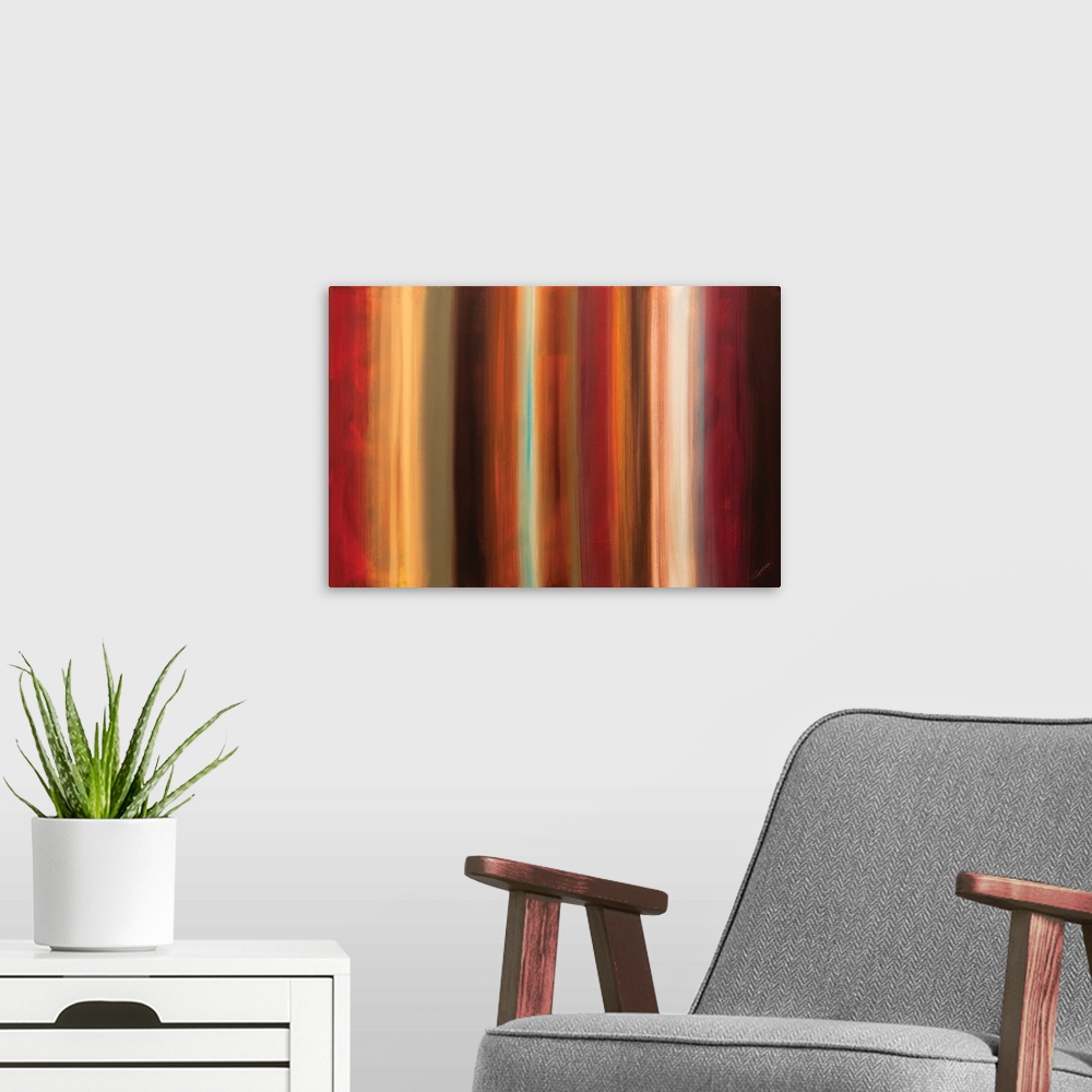 A modern room featuring Large abstract painting with vertical brushstroke lines in shades of red, yellow, brown, and oran...