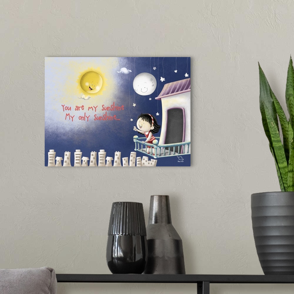 A modern room featuring Whimsical illustration of a little girl on a balcony above a city looking at the sun, moon, and s...