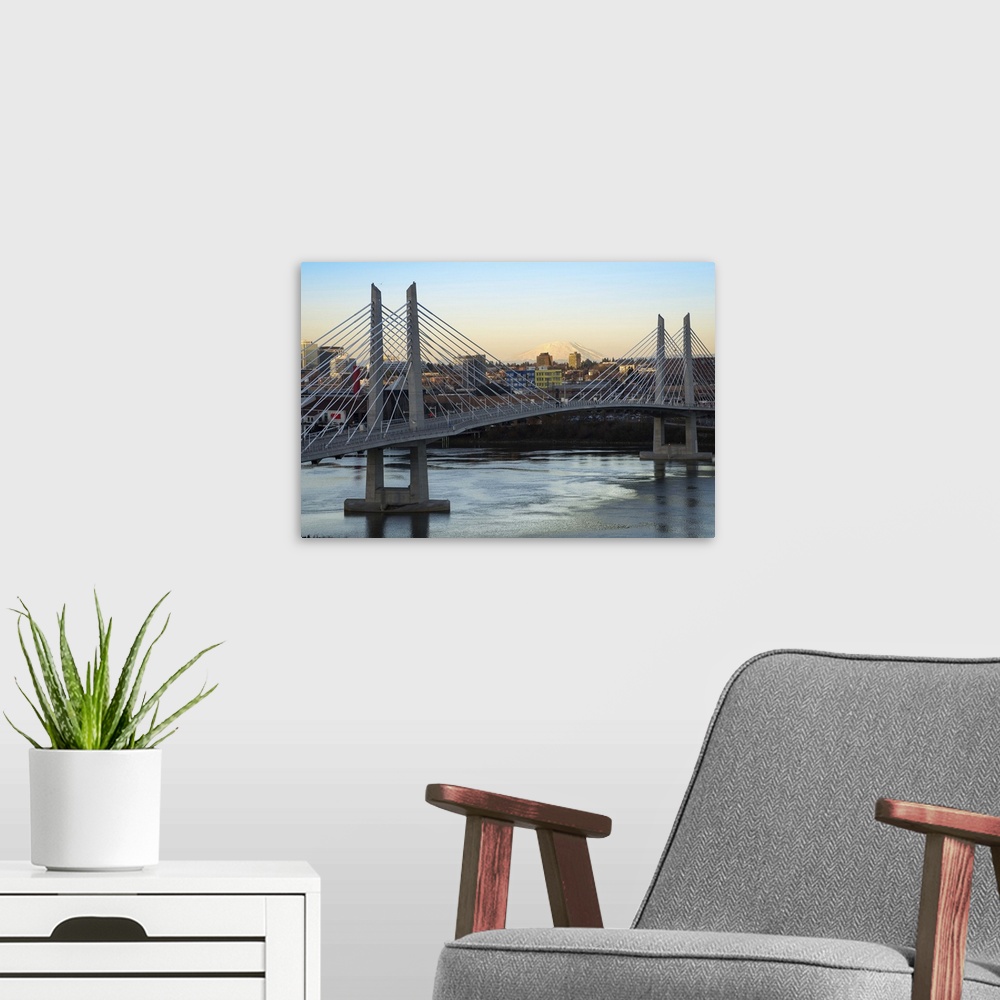 A modern room featuring Photograph of Tilikum Crossing Cable Bridge in Portland with the city and  Mount St. Helens in th...