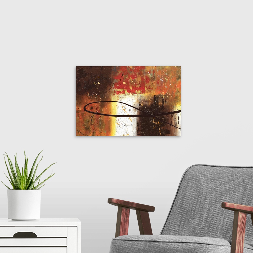A modern room featuring Large abstract painting with sections of brown, orange, yellow, red and white hues with paint spl...