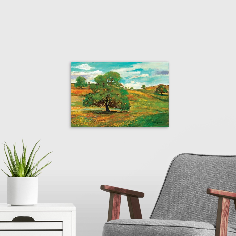 A modern room featuring Wild Poppy Landscape I