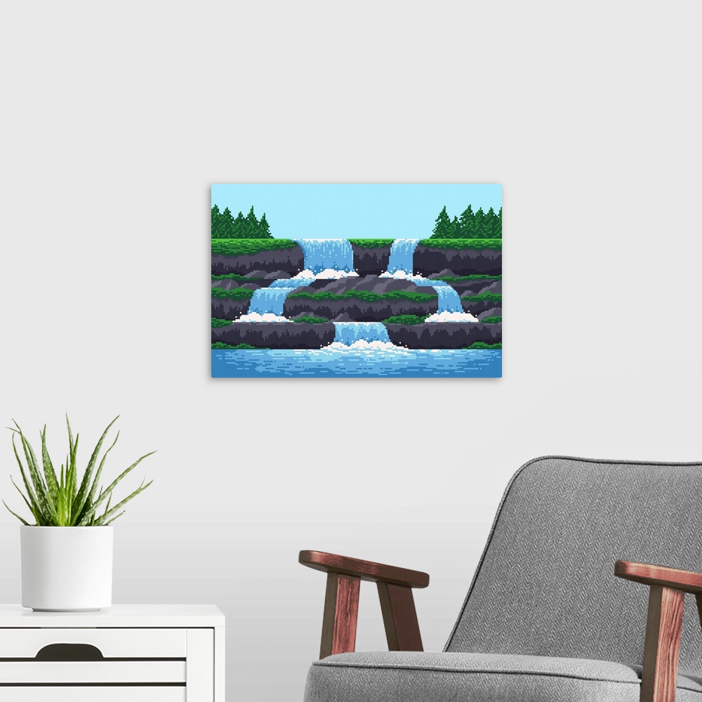 A modern room featuring 8-Bit Waterfall Cascade From Mountain