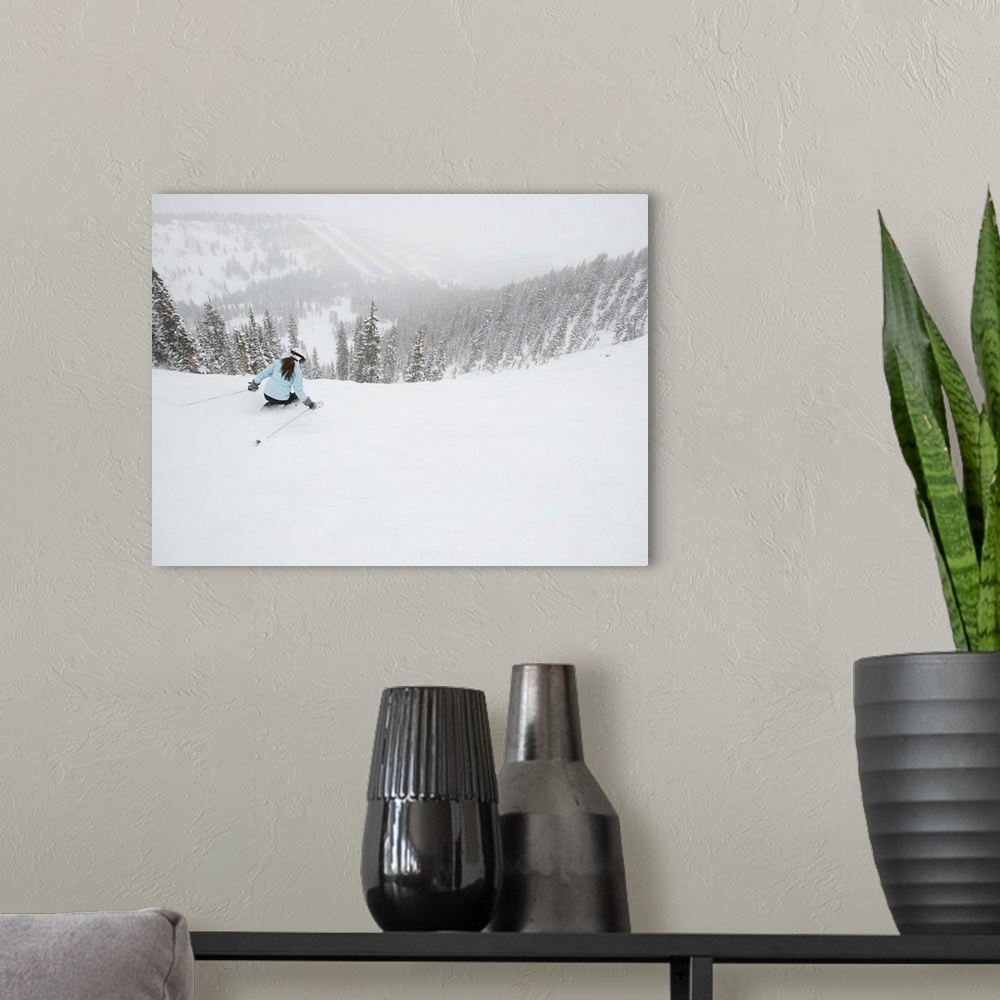 A modern room featuring A downhill skier with view of mountains in background