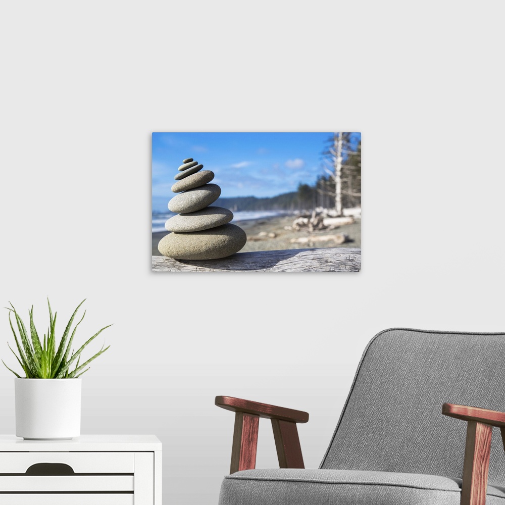 A modern room featuring A pile of balancing smooth beach rocks near Rialto Beach, Olympic national park, in Washington, USA