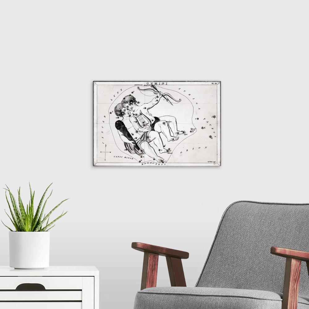 A modern room featuring Engraving of A View of the Heavens showing the constellation Gemini, the Twins. The Twins are sho...
