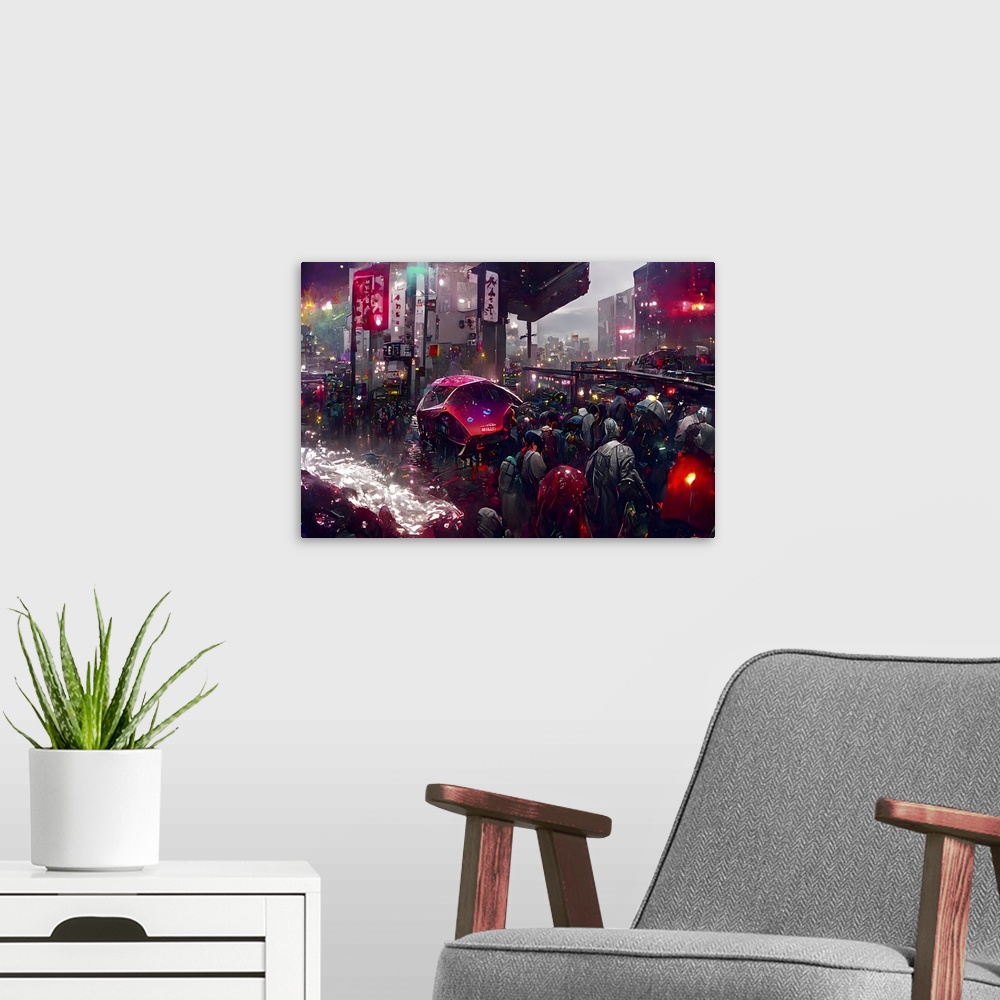 A modern room featuring Abstract city street, spaceship scene.