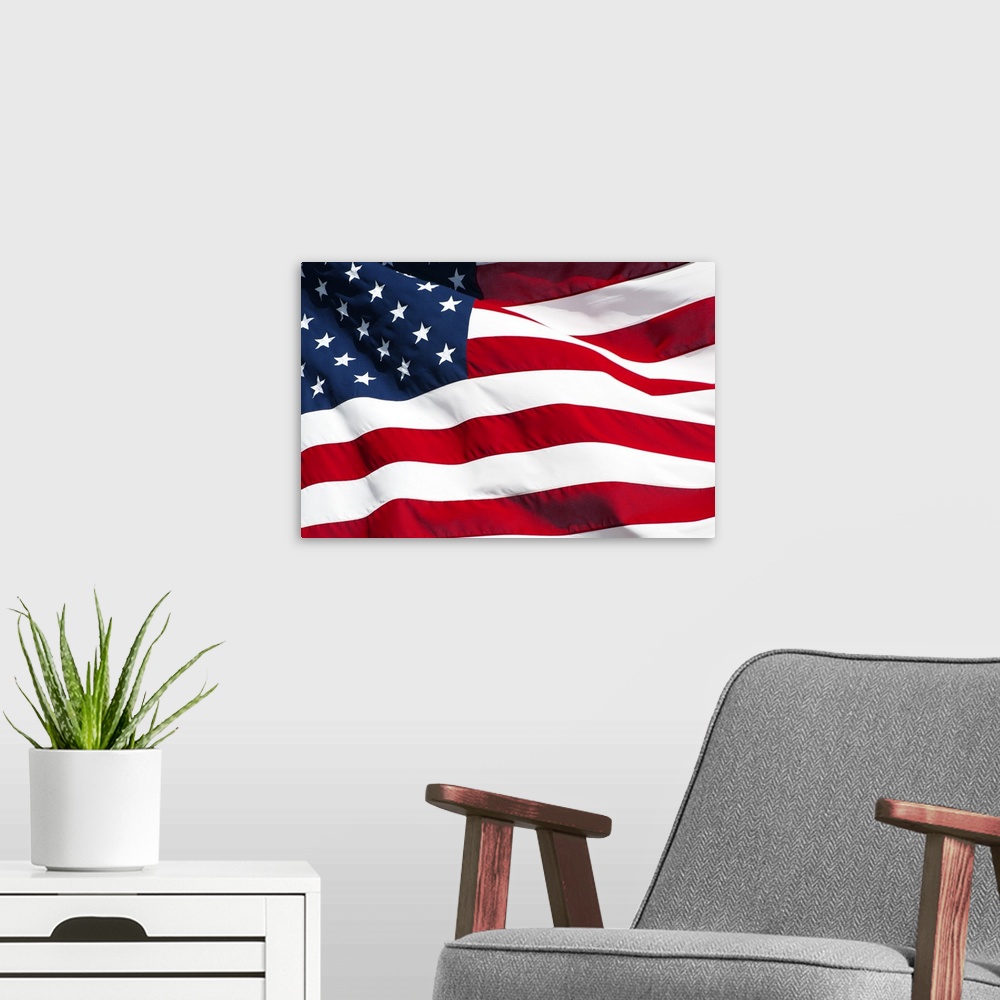 A modern room featuring Very Close up of American Flag