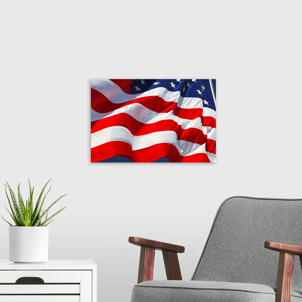 A modern room featuring American Flag Blowing In Wind
