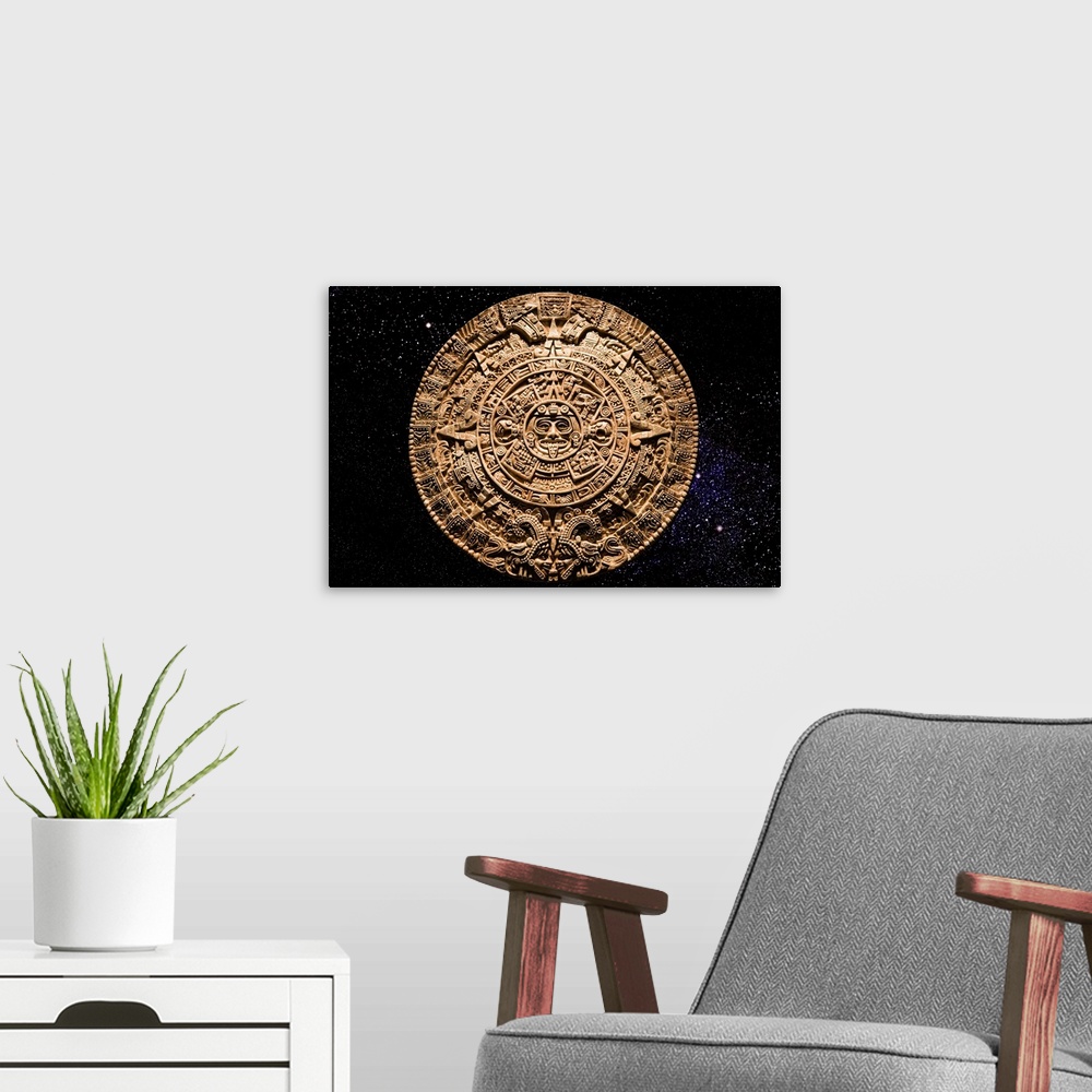 A modern room featuring Aztec calendar stone carving in space