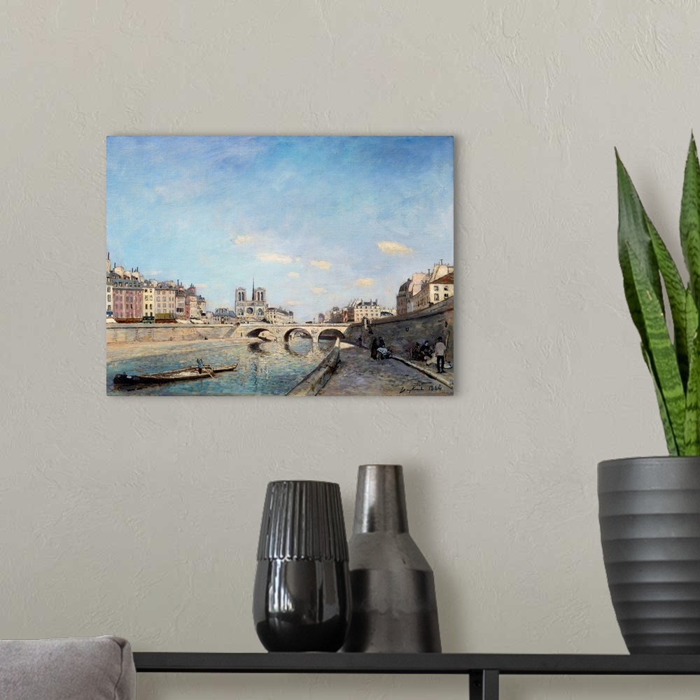 A modern room featuring View of the banks of the Seine and Notre Dame Cathedral in Paris. A barge on the river. Painting ...
