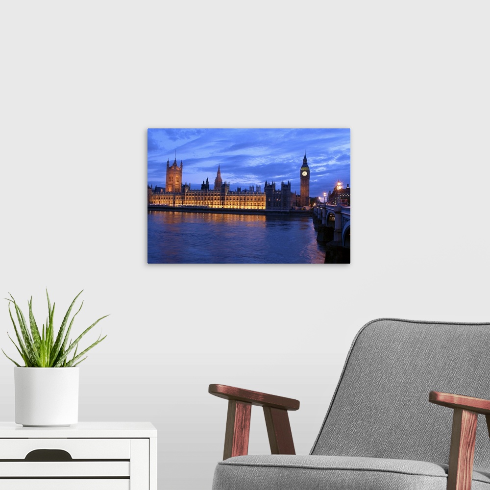 A modern room featuring Photo print of Big Ben at dusk lit up from a distance.