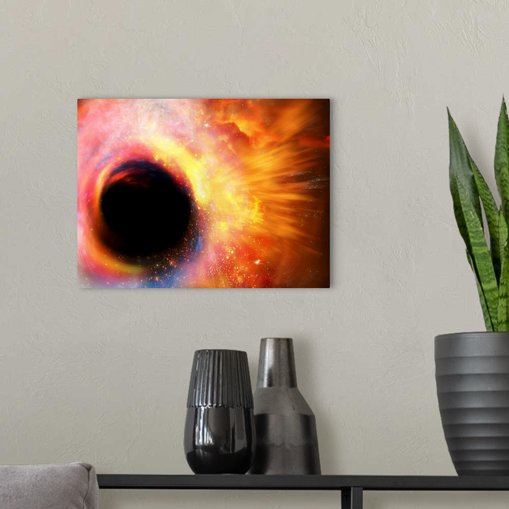 A modern room featuring Black hole formation, computer artwork.