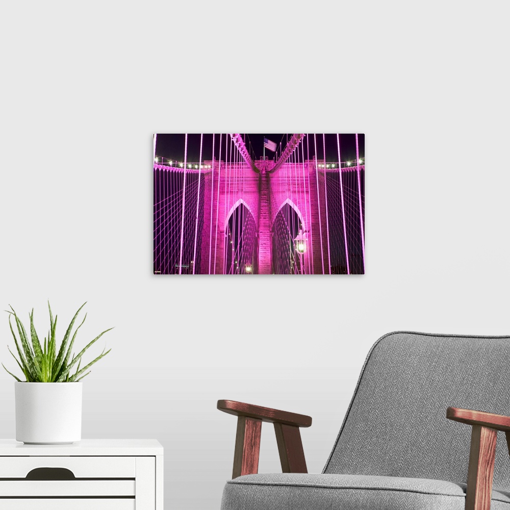 A modern room featuring Brooklyn Bridge Lit Purple