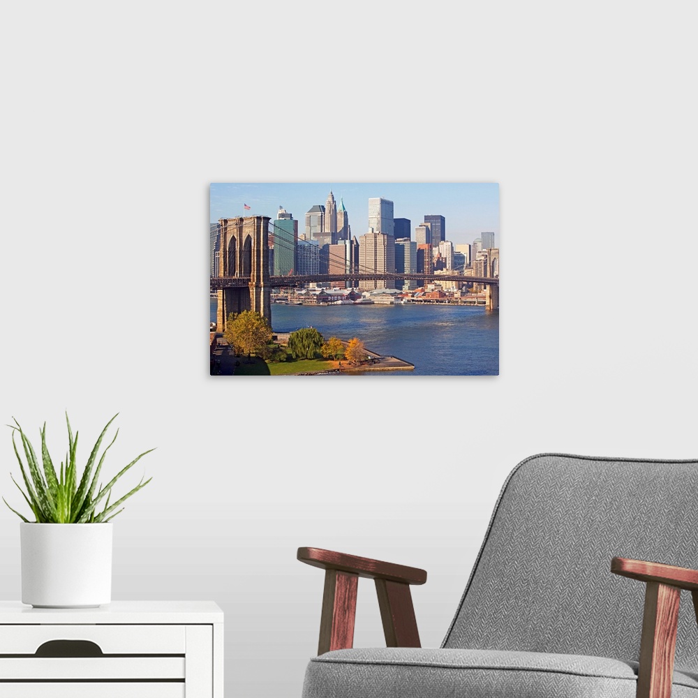 A modern room featuring Photograph of iconic overpass with city skyline in the background.