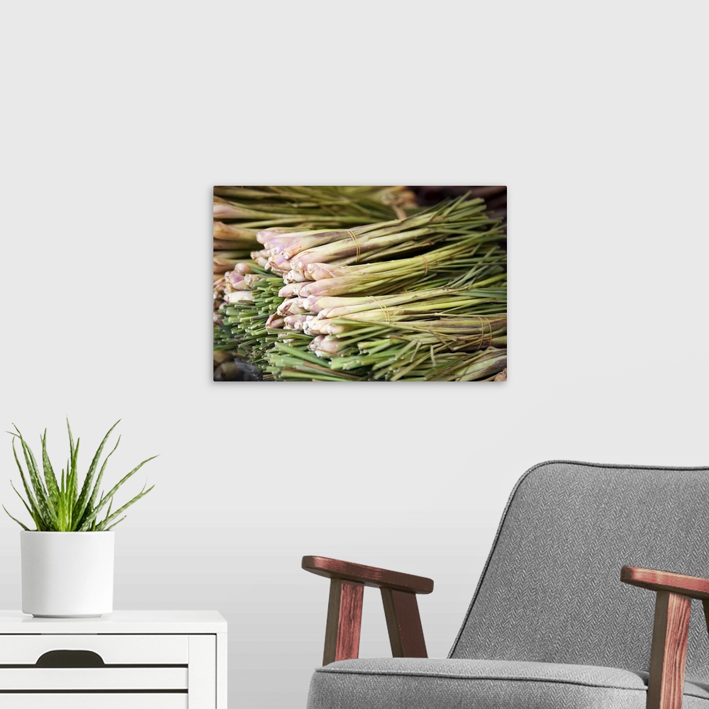 A modern room featuring fresh lemongrass for sale at local food market