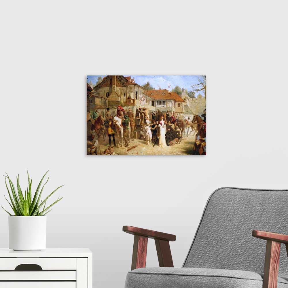 A modern room featuring A scene from The Canterbury Tales by Geoffrey Chaucer depicts travelers at the Tabard Inn in Sout...