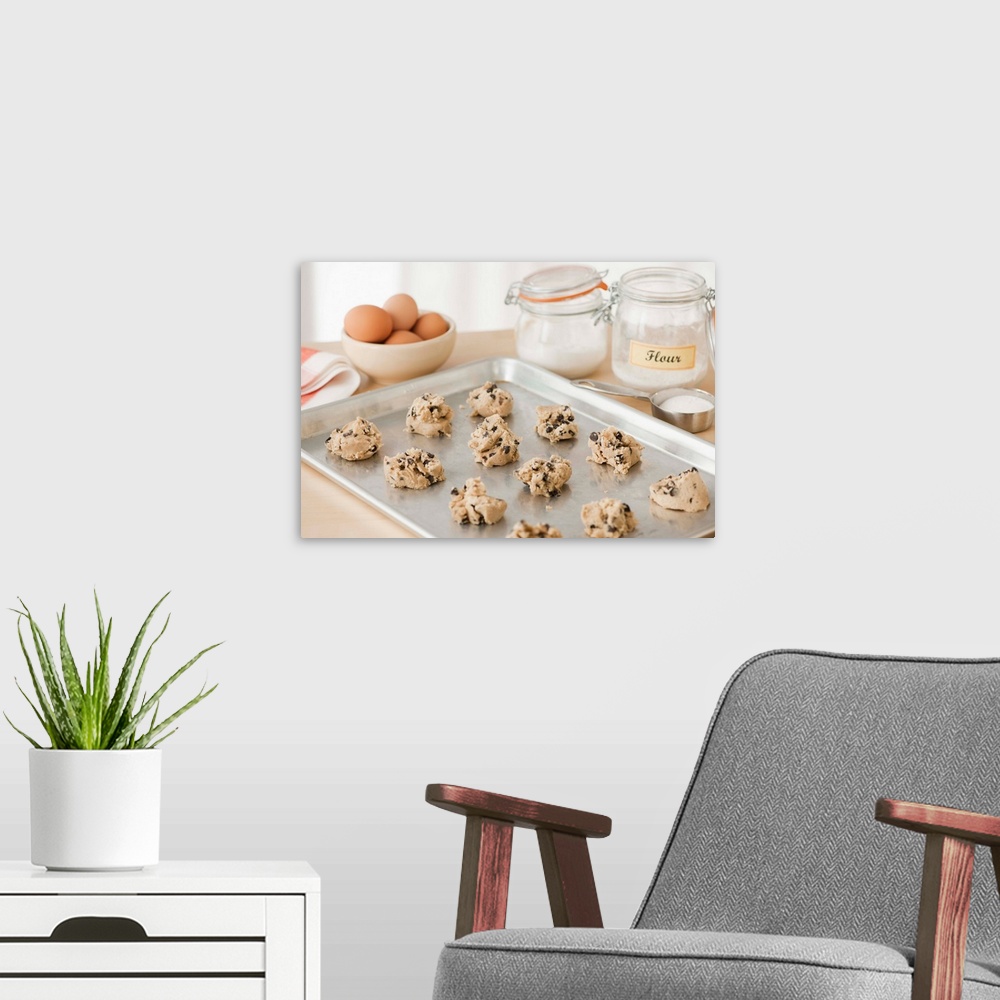 A modern room featuring Chocolate Chip Cookie Dough on a Baking Sheet