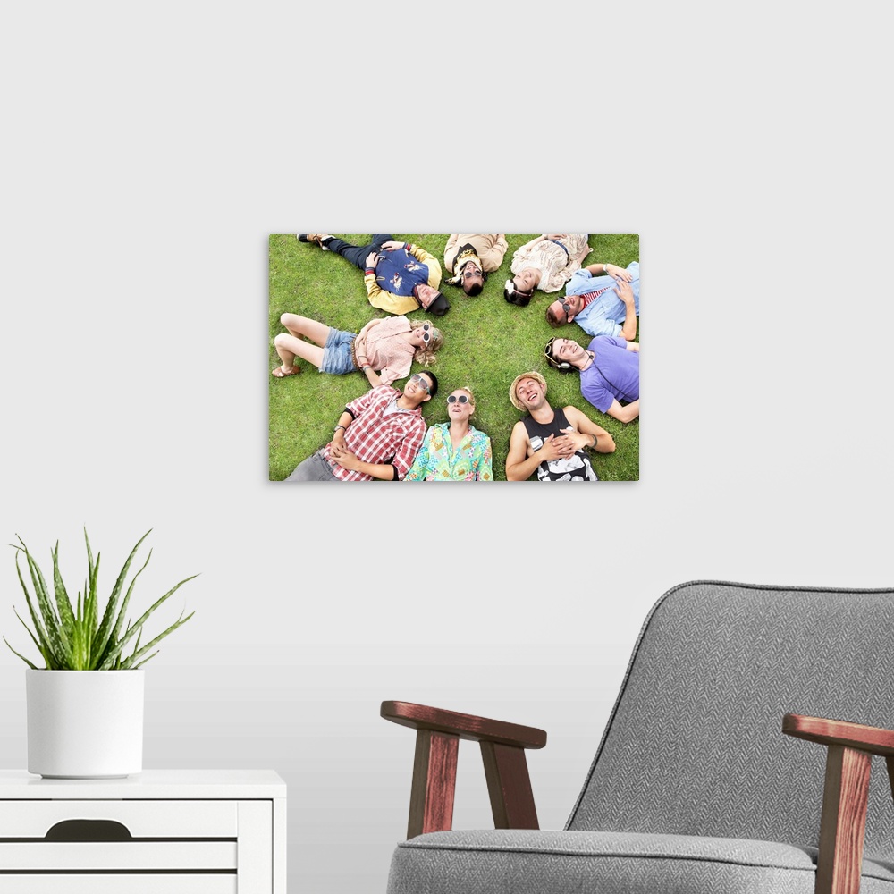 A modern room featuring circle of friends, grass, happiness, smiling, summer fun, park, su