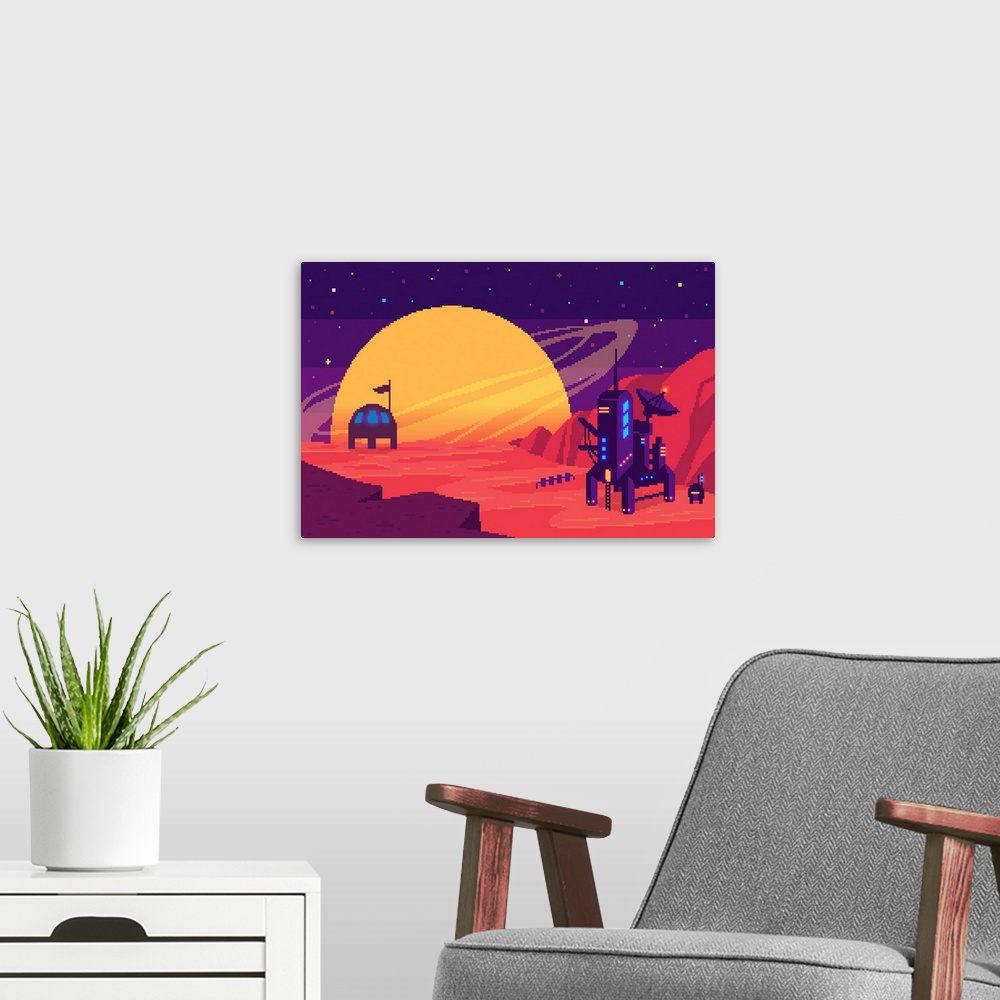 A modern room featuring Colonization Of Mars, Pixel Illustration