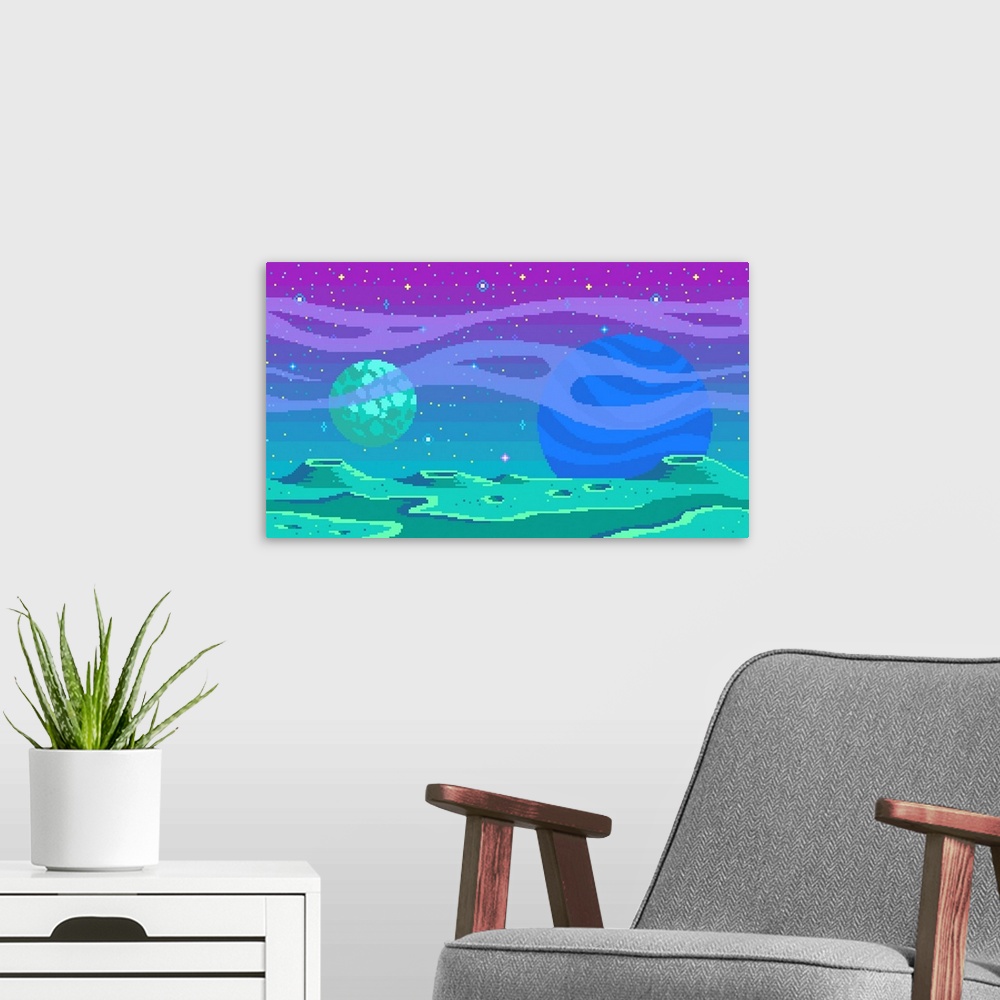 A modern room featuring Cosmic Planet Surface Pixel Art