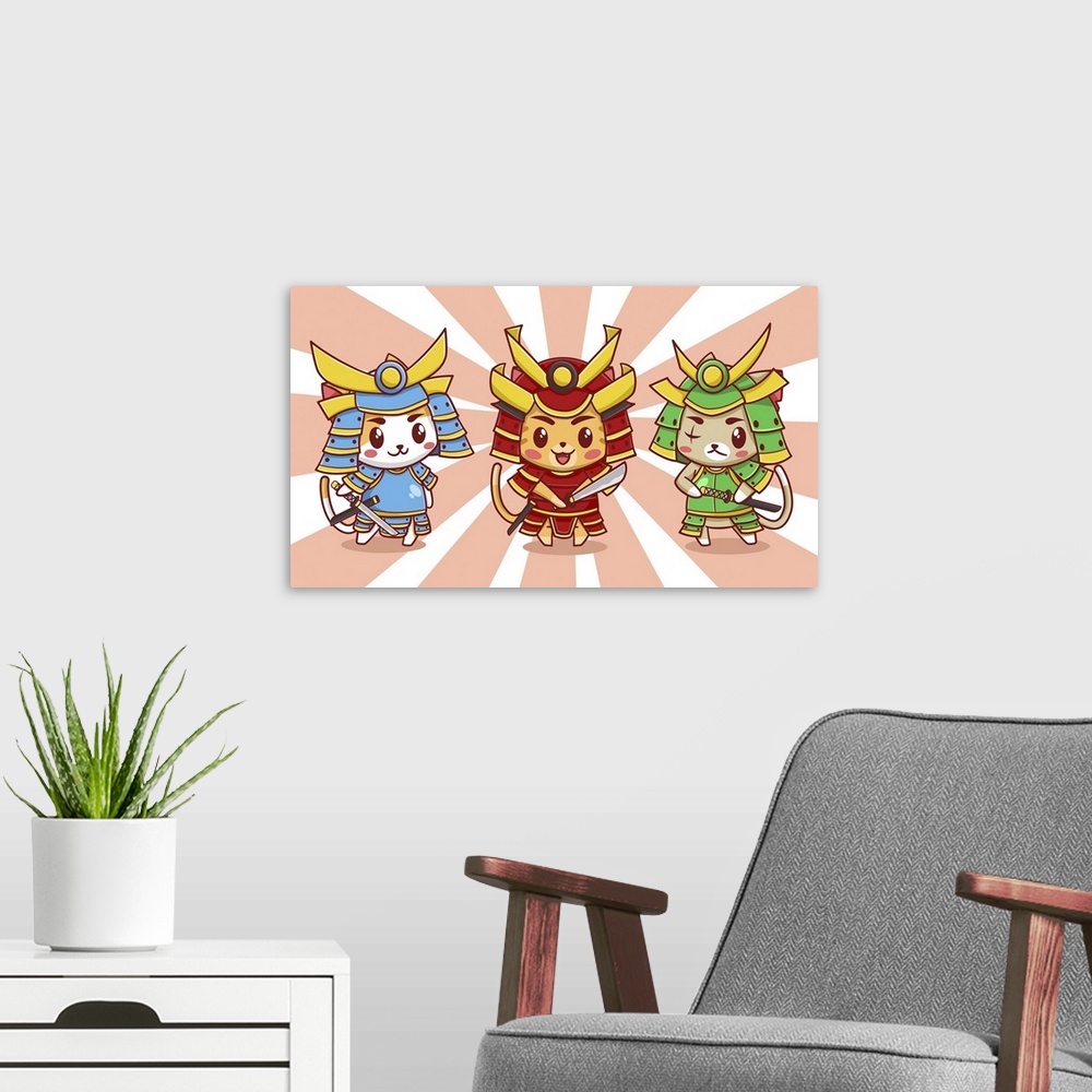 A modern room featuring Cute cats, samurai trio. Cartoon illustration.