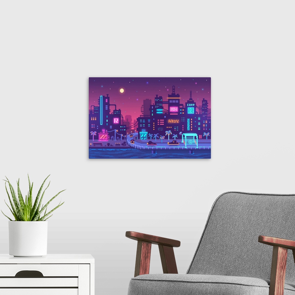 A modern room featuring Cyberpunk Neon Metropolis Pixel Art