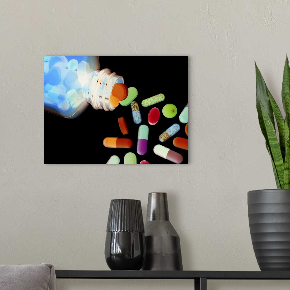 A modern room featuring Drugs pouring from a bottle.