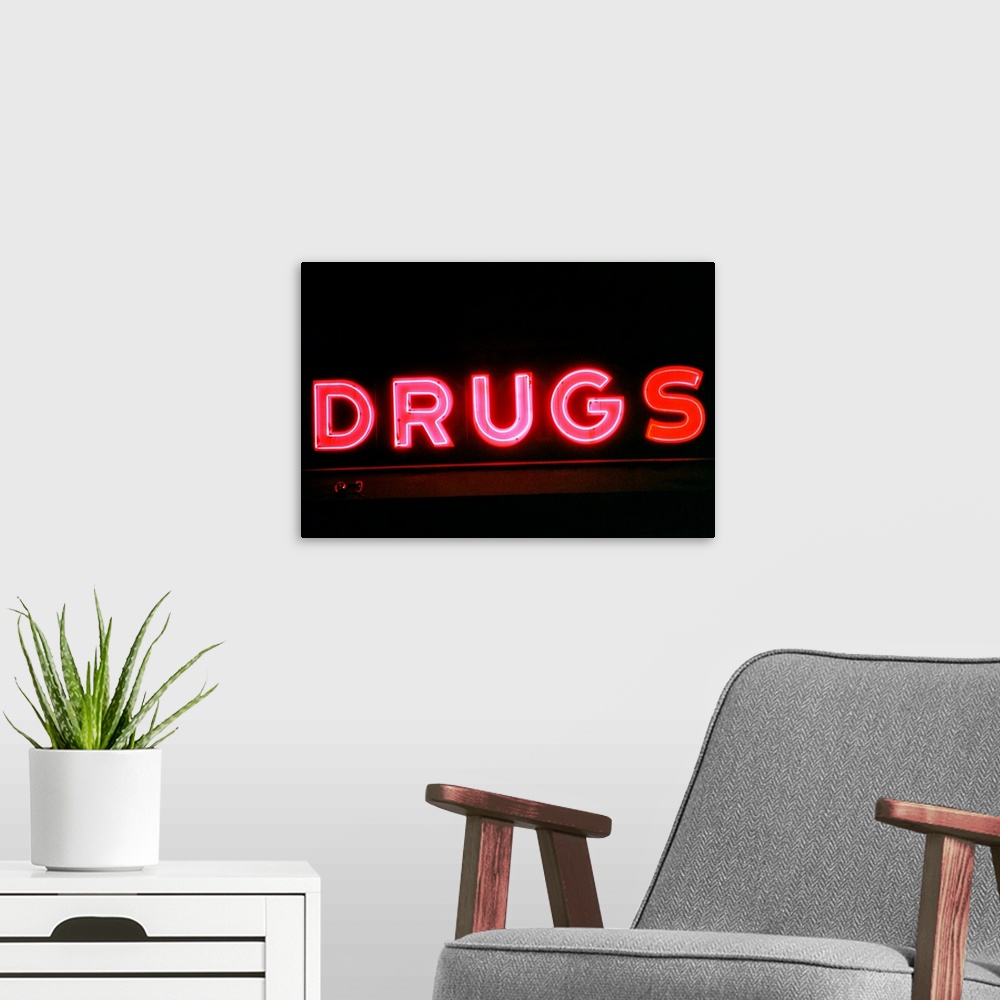 A modern room featuring Drugs store sign