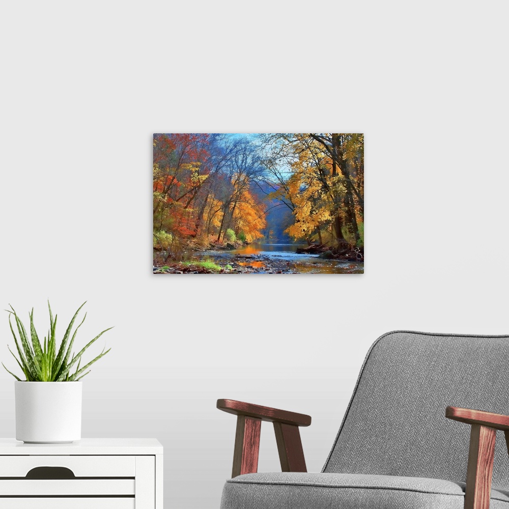 A modern room featuring This wall art for the home or office is a panoramic photograph of a tropical beach surrounded by ...