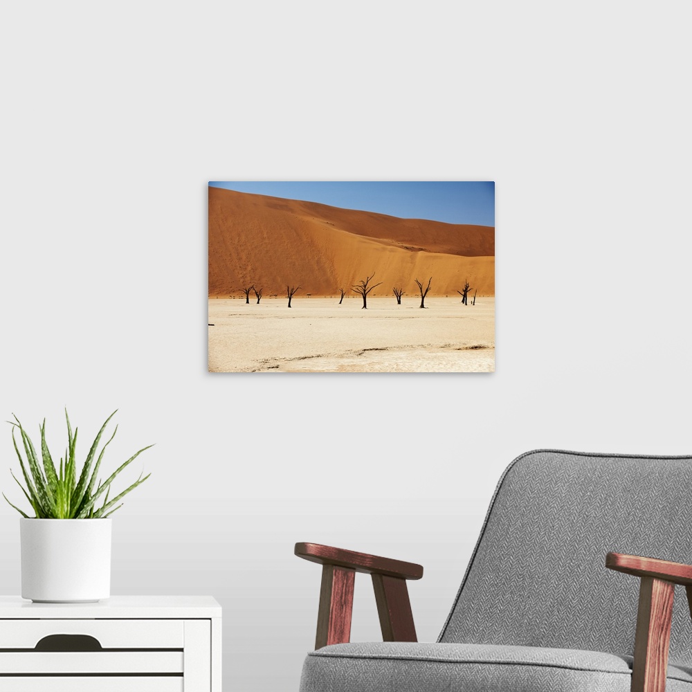 A modern room featuring famous Deadvlei with dead trees, desert landscape of Namib at Sossusvlei, Namib-Naukluft National...
