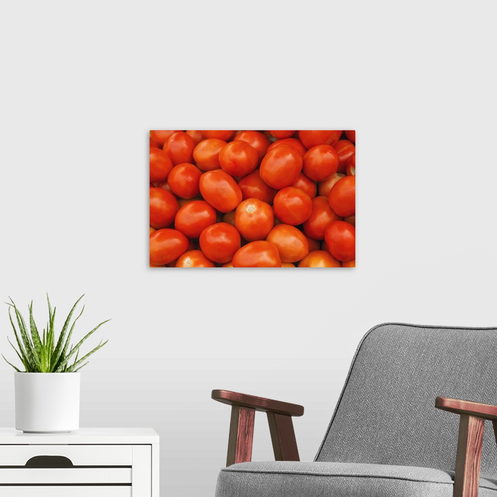 A modern room featuring heap of organic tomatoes for sale at local food market