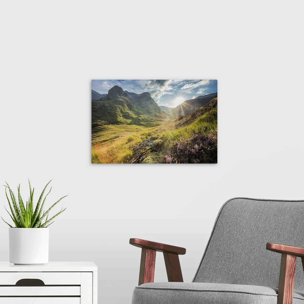 A modern room featuring Valley view below the mountains of Glencoe, Lochaber, Highlands, Scotland, UK.