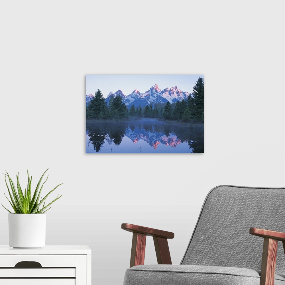 A modern room featuring Grand Teton Mountain Range Reflected in a Lake at Sunrise, Grand Teton National Park, Wyoming, Usa