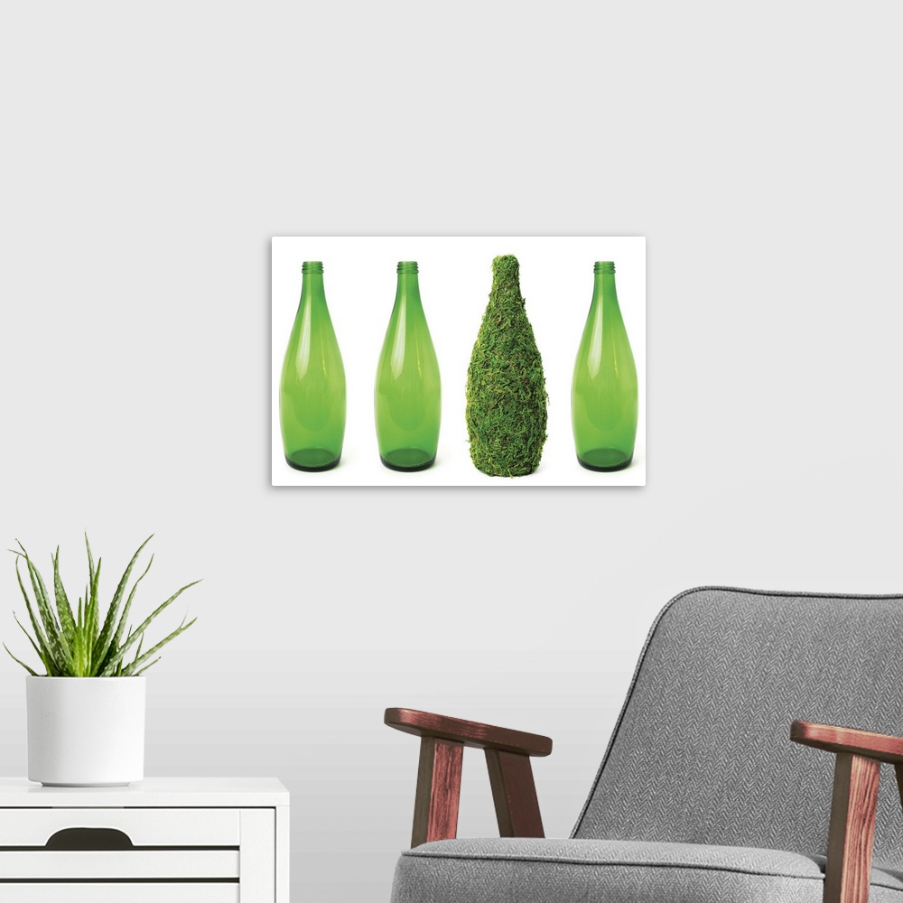 A modern room featuring Green glass bottles showing recycling and conservation concept.