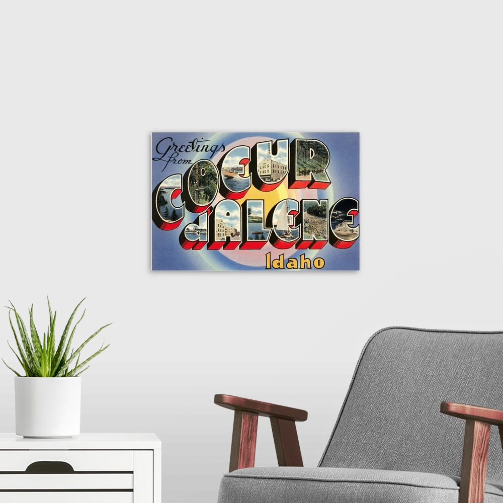 A modern room featuring Greetings from Coeur d'Alene, Idaho large letter vintage postcard