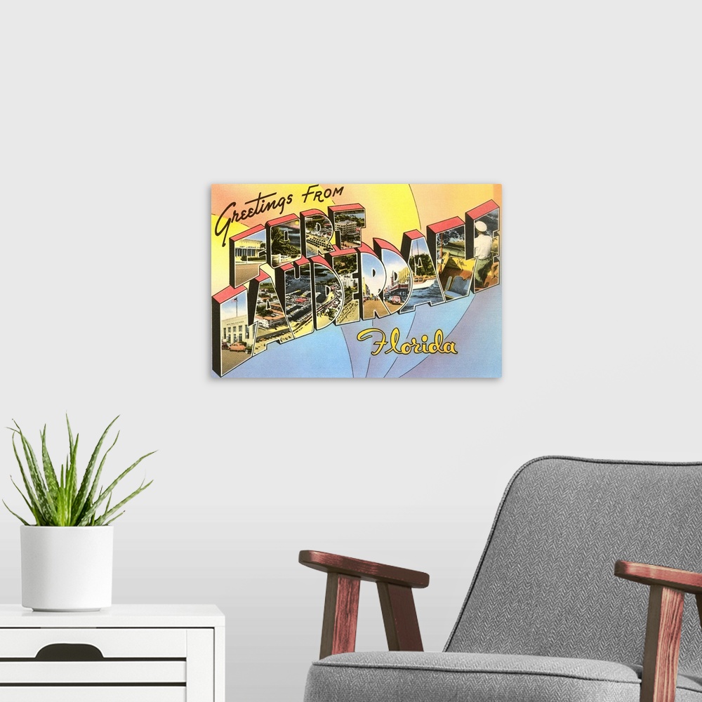 A modern room featuring Greetings from Fort Lauderdale, Florida large letter vintage postcard