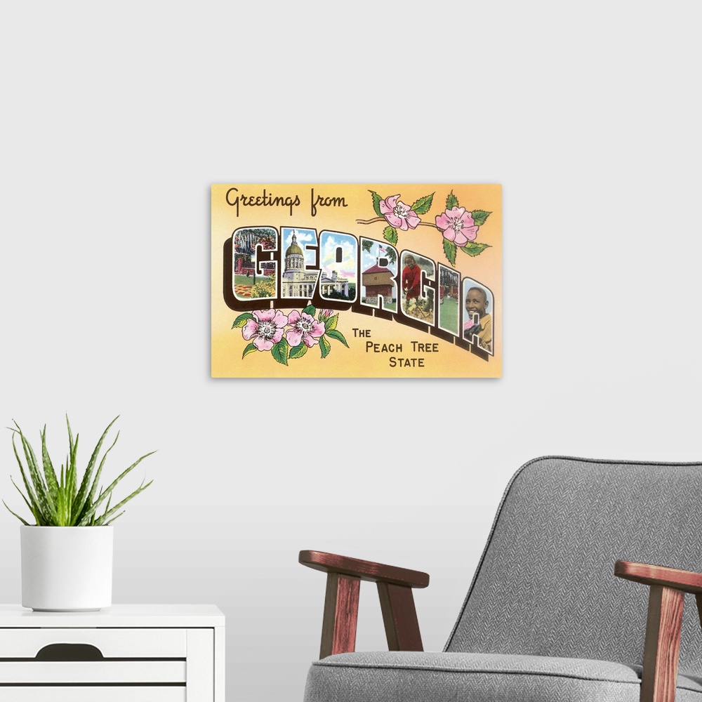 A modern room featuring Greetings from Georgia, the Peach Tree State, large letter vintage postcard