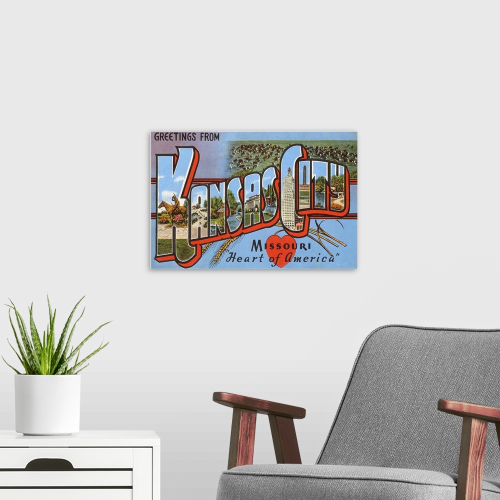 A modern room featuring Greetings from Kansas City, Missouri, Heart of America, large letter vintage postcard