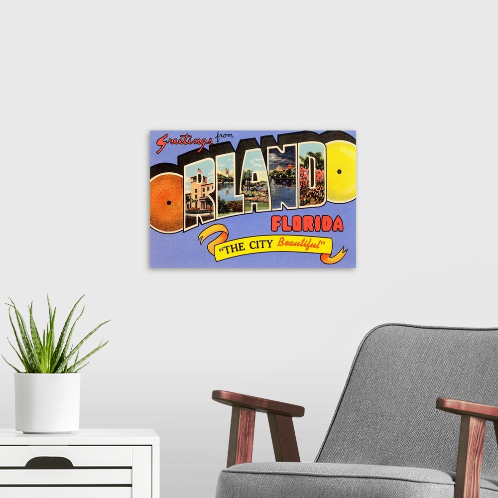 A modern room featuring Greetings from Orlando, Florida, the City Beautiful, large letter vintage postcard