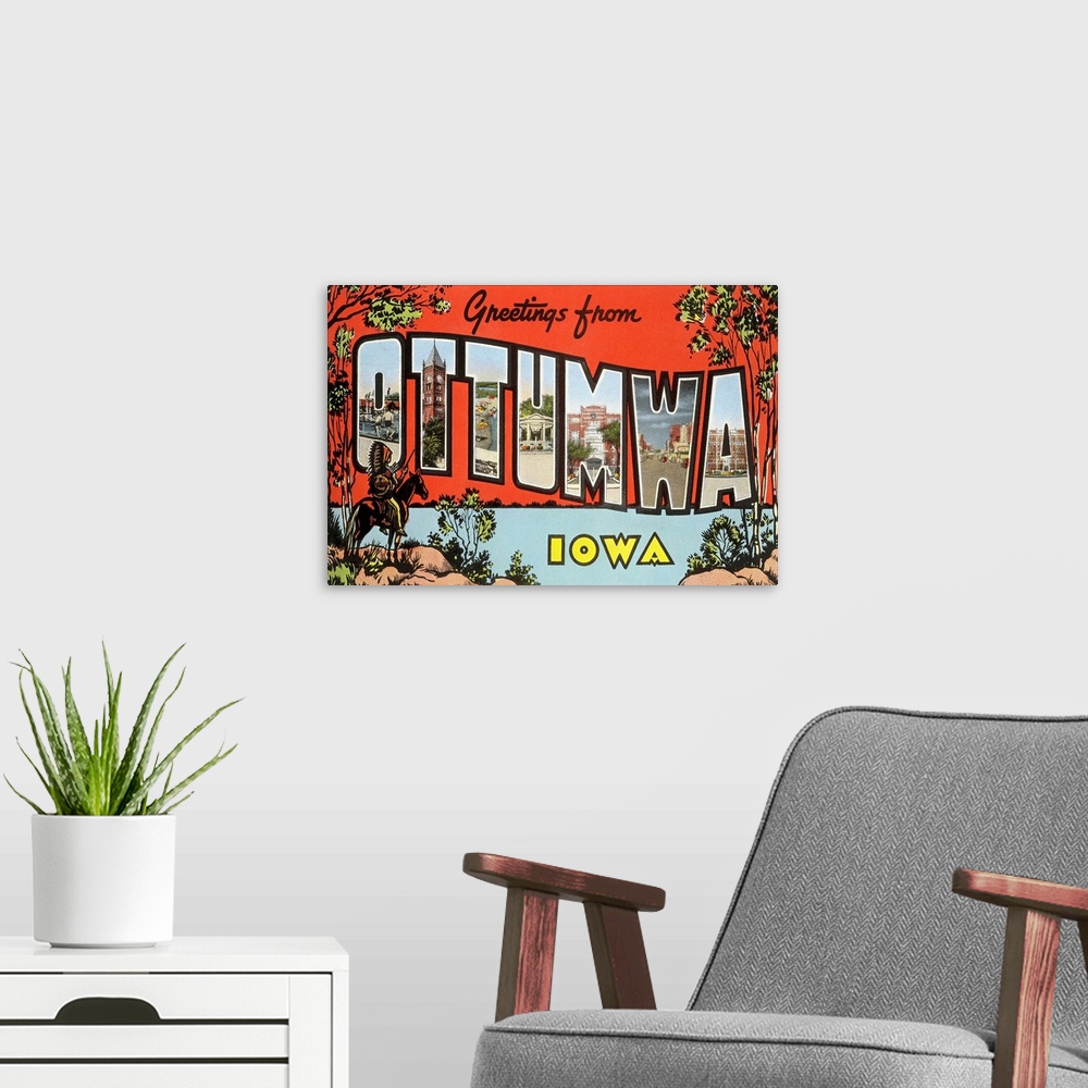 A modern room featuring Greetings from Ottumwa, Iowa large letter vintage postcard