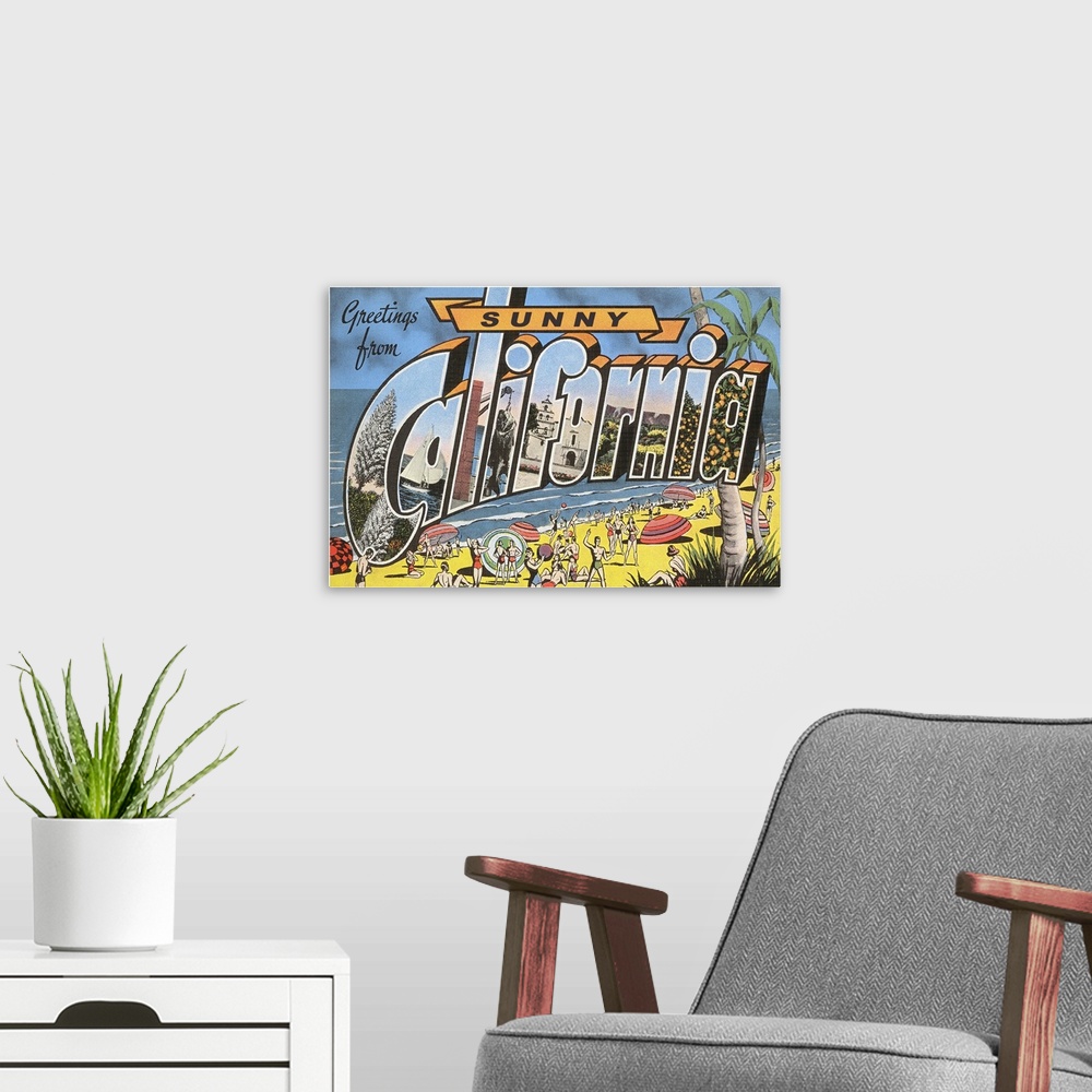 A modern room featuring Greetings from Sunny California large letter vintage postcard