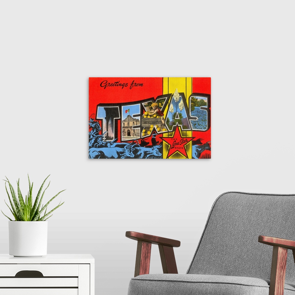 A modern room featuring Greetings from Texas, the Lone Star State large letter vintage postcard