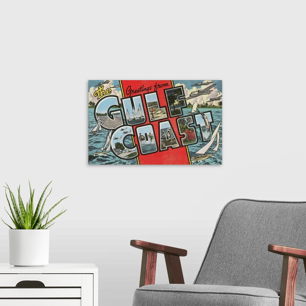 A modern room featuring Greetings from the Gulf Coast, Florida large letter vintage postcard