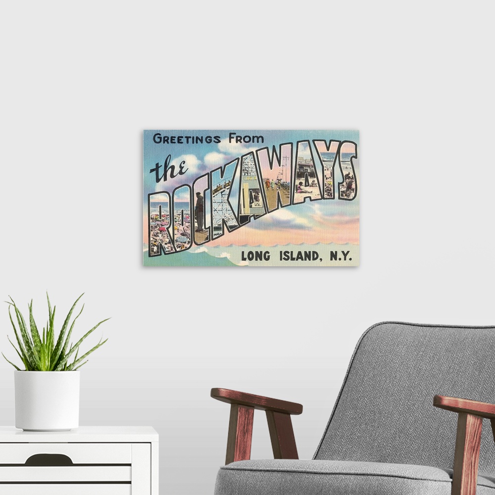 A modern room featuring Greetings from the Rockaways, Long Island, New York large letter vintage postcard