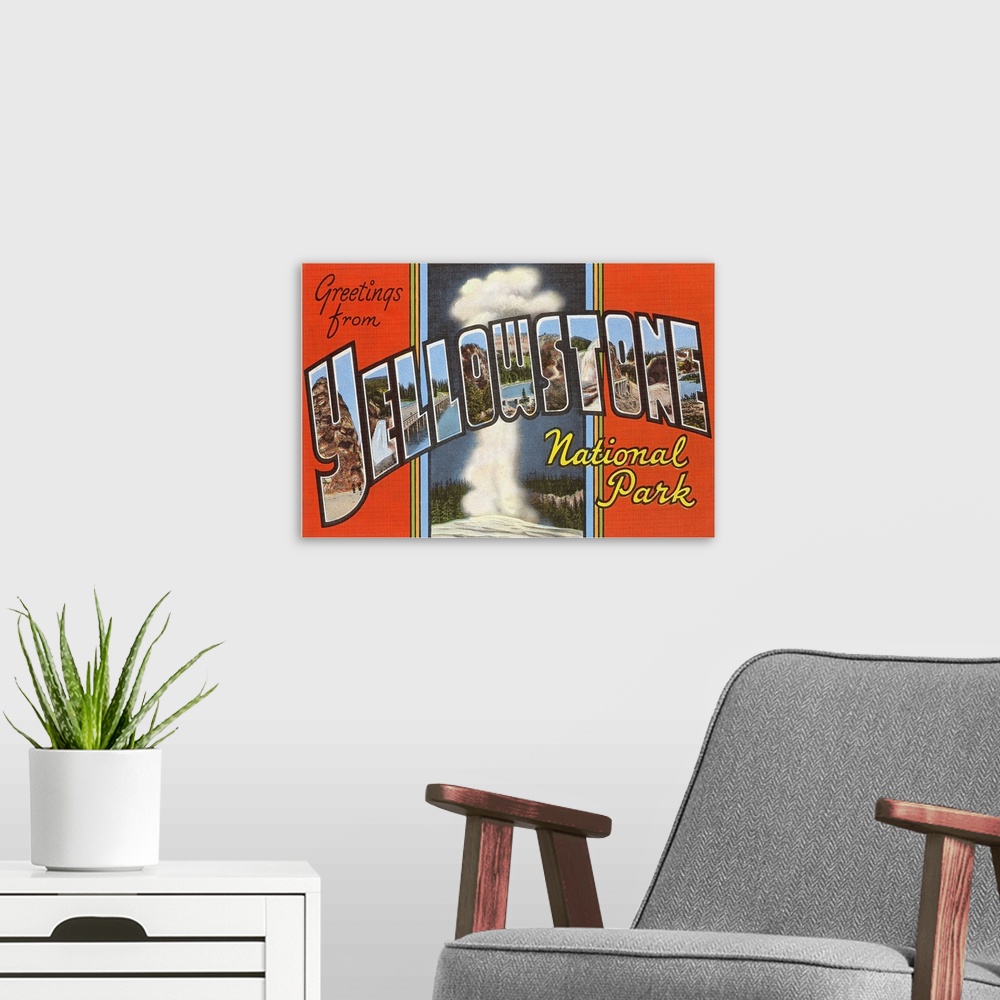 A modern room featuring Greetings from Yellowstone National Park large letter vintage postcard