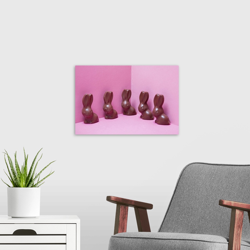 A modern room featuring group of easter chocolate bunnies.