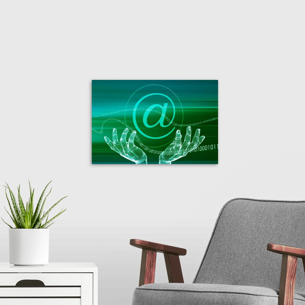 A modern room featuring Hand with at symbol (Digitally Generated)