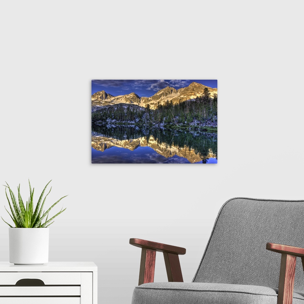 A modern room featuring High Sierra crest in Little Lakes Valley reflecting off Chickenfoot Lake