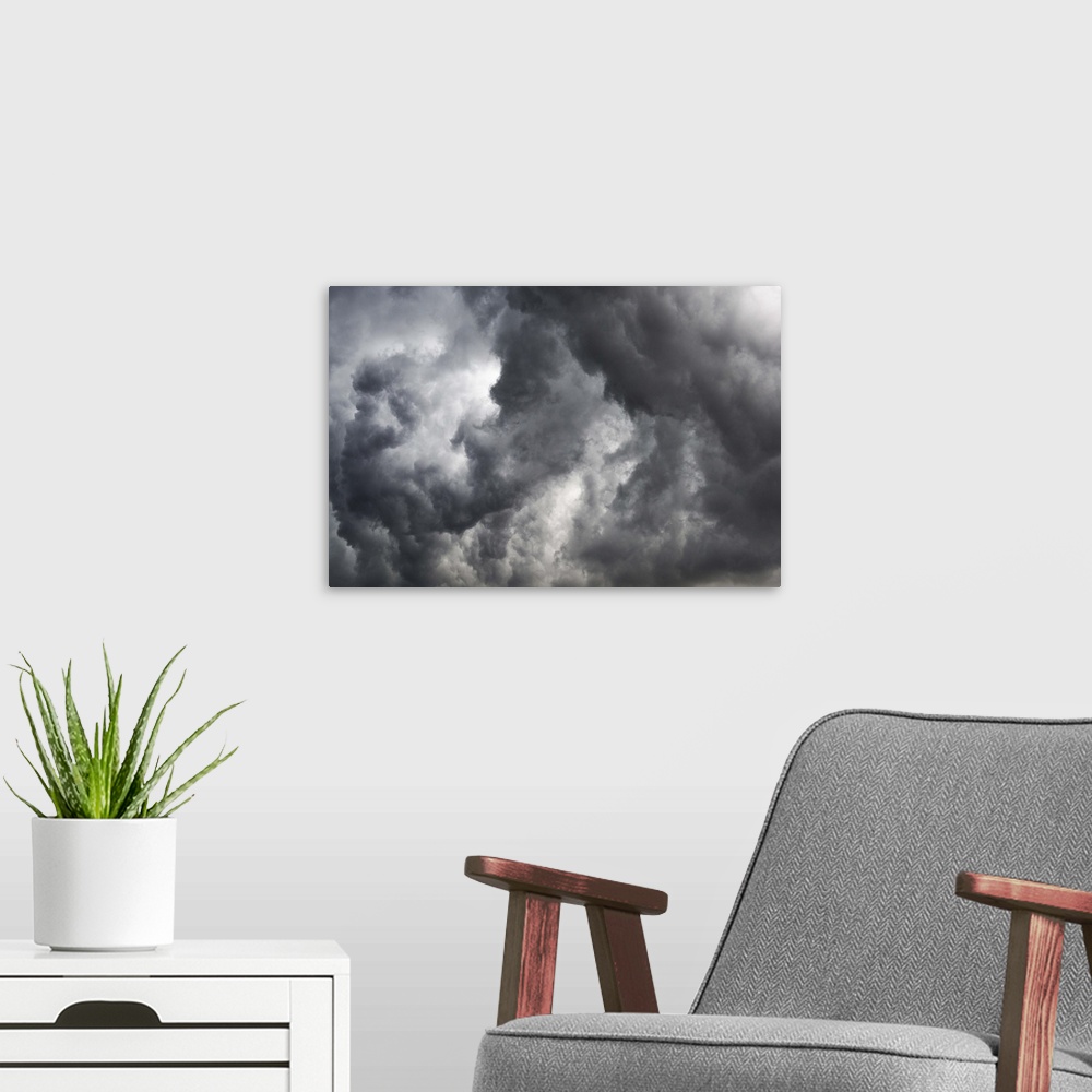 A modern room featuring Heavy clouds during a rainstorm, Marseille, France